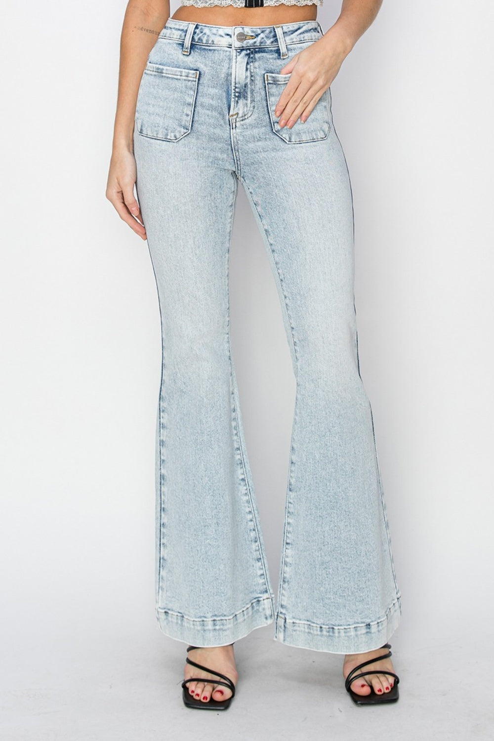 Full Size High Rise Front Patch Pocket Flare Jeans