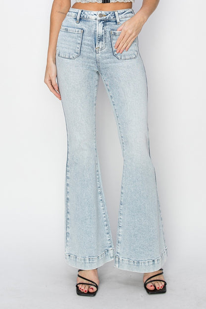 Full Size High Rise Front Patch Pocket Flare Jeans