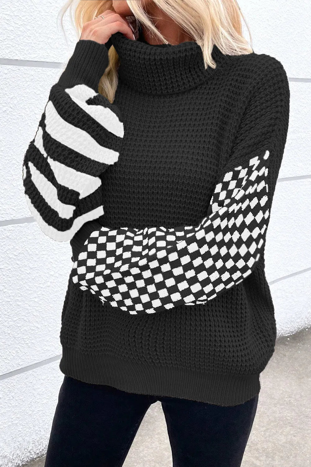 Maxson Clothing - Checkered Striped Turtleneck Long Sleeve Sweater