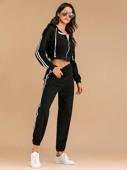 Drawstring Side Stripe Zip Up Hooded Top and Pants Set