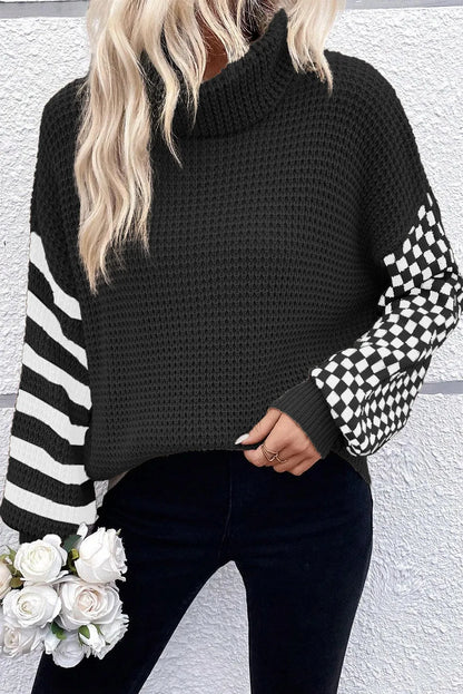 Maxson Clothing - Checkered Striped Turtleneck Long Sleeve Sweater