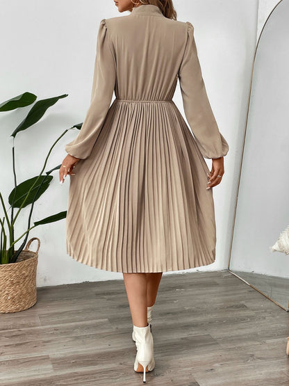 Pleated Tie Neck Long Sleeve Dress