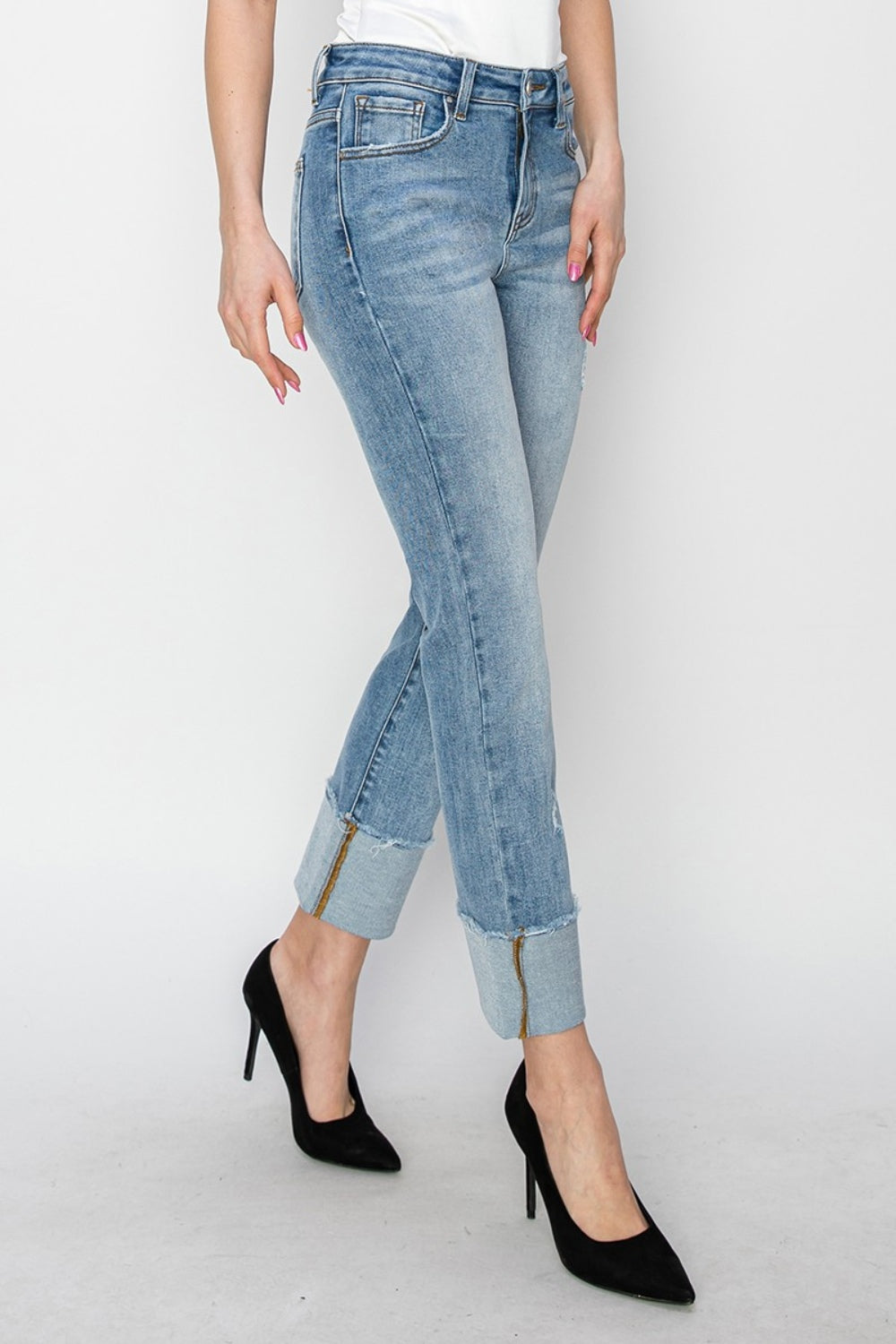 Full Size High Rise Cuffed Slim Straight Jeans