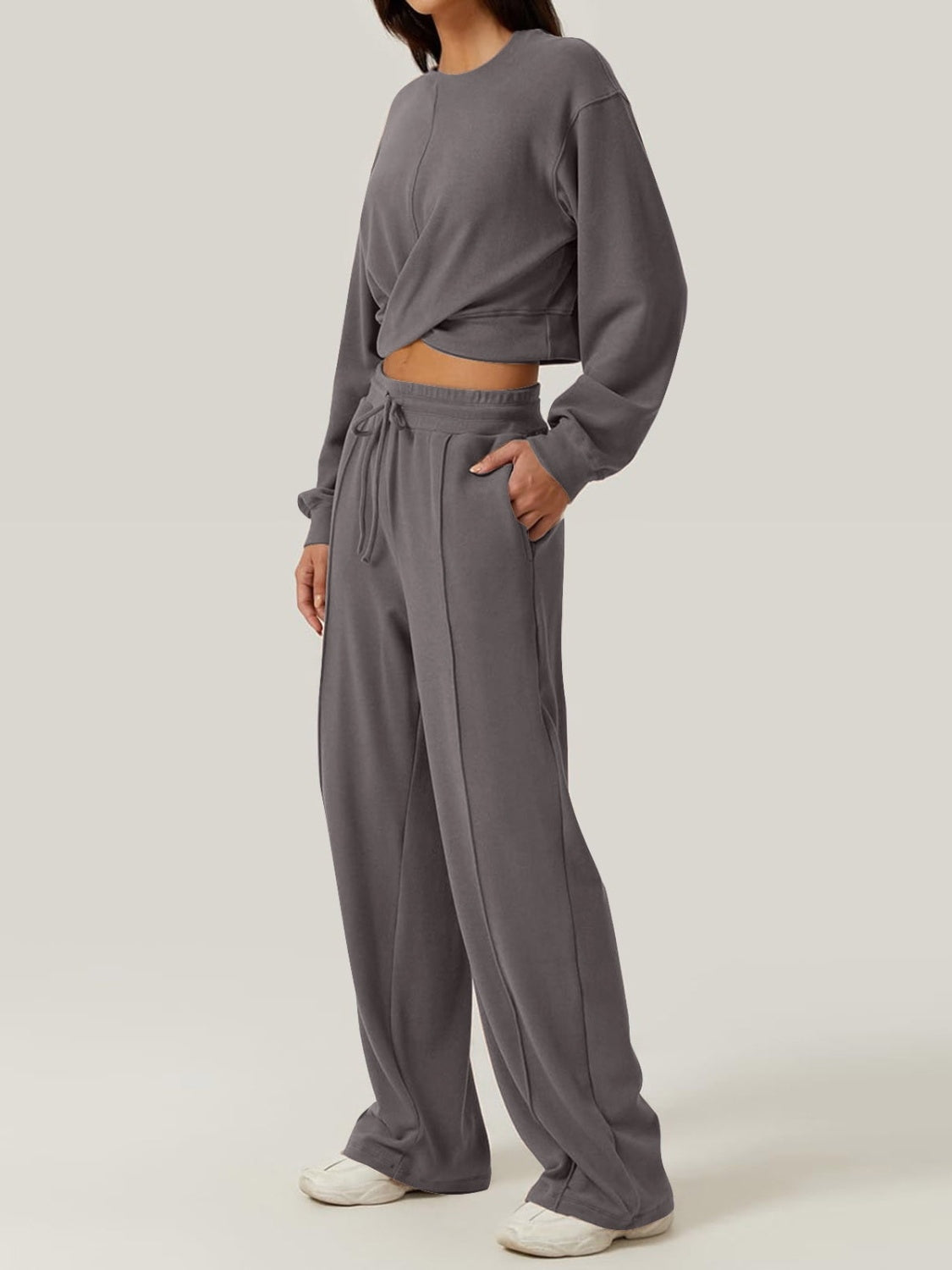 Maxson Clothing -  Crisscross Round Neck Top and Drawstring Pants Set