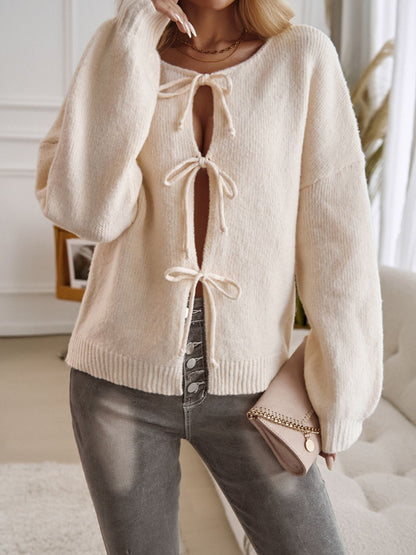 Tied Round Neck Dropped Shoulder Cardigan