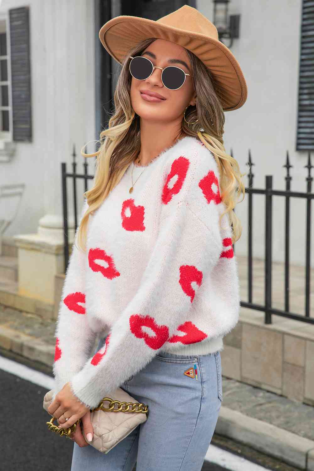 Printed Round Neck Long Sleeve Fuzzy Sweater