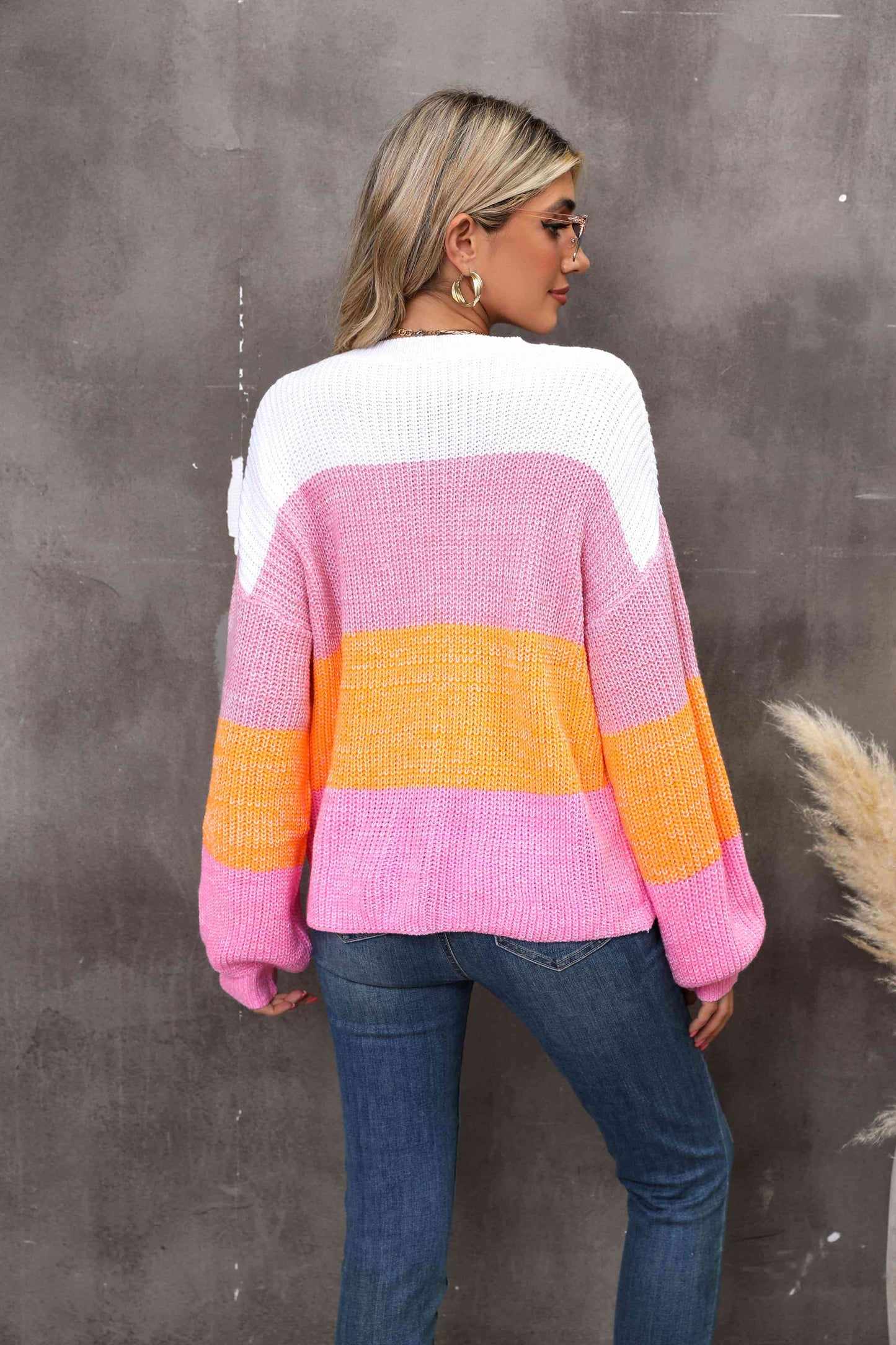 Color Block Round Neck Dropped Shoulder Sweater