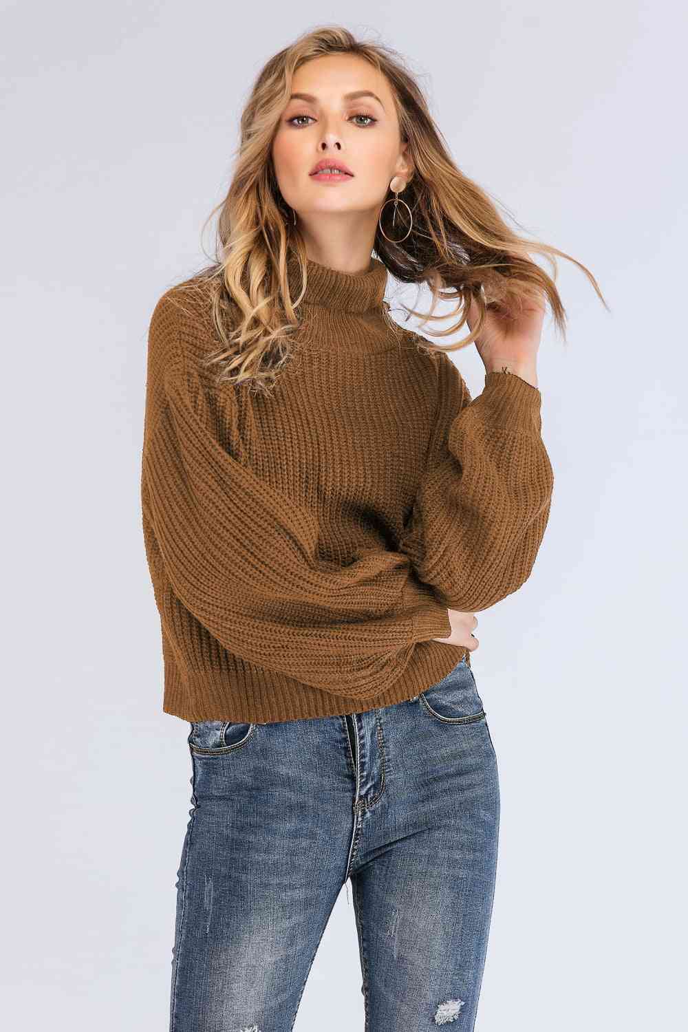 Double Take Turtleneck Rib-Knit Dropped Shoulder Sweater