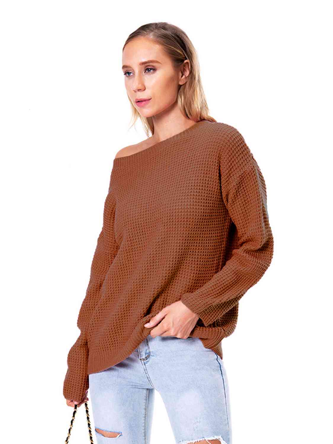 Boat Neck Drop Shoulder Long Sleeve Sweater