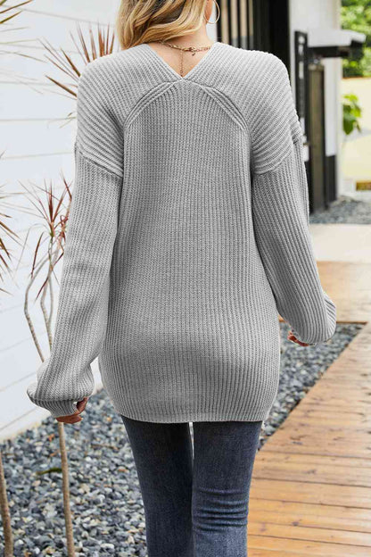 V-Neck Ribbed Dropped Shoulder Sweater