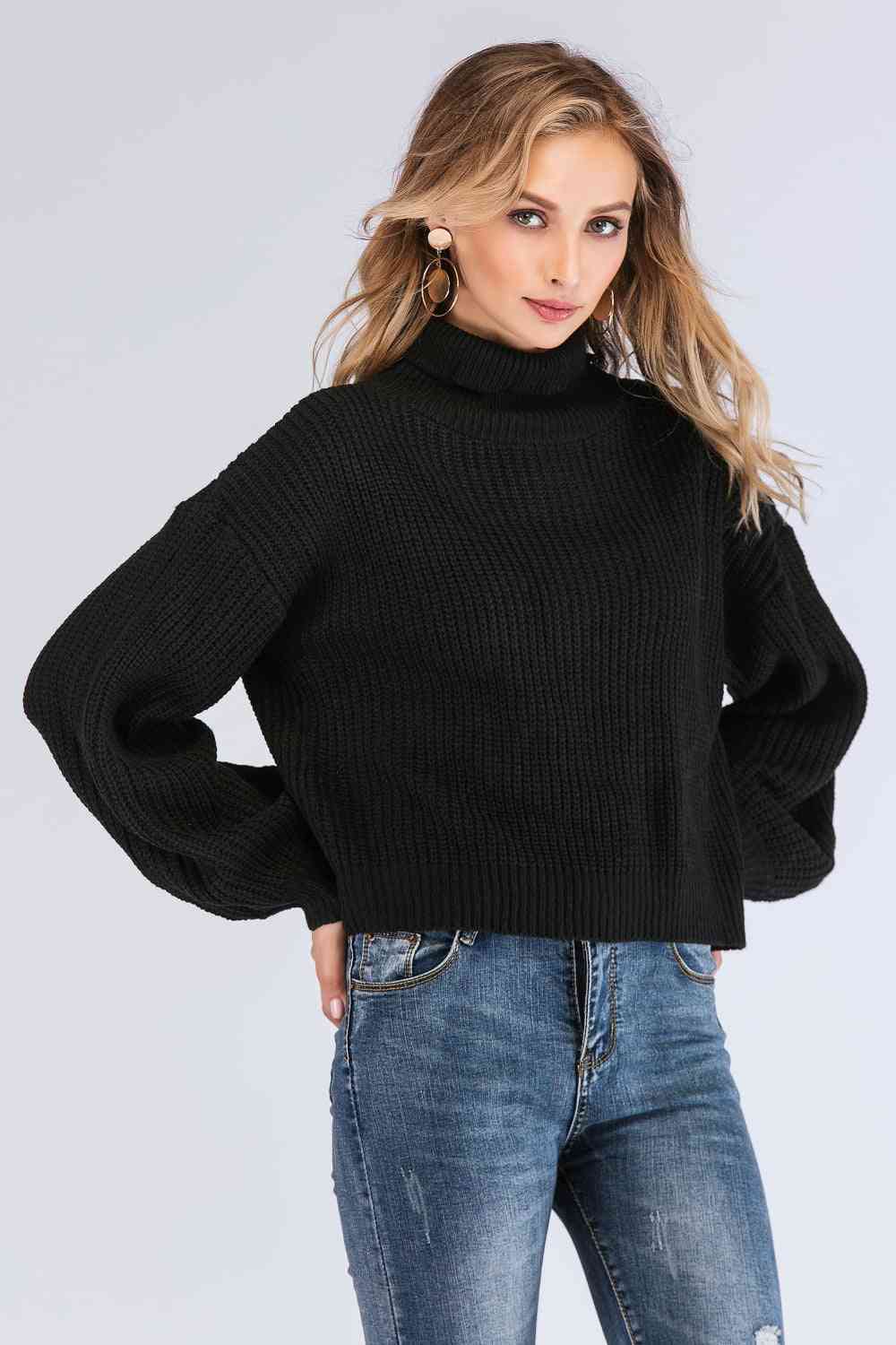 Double Take Turtleneck Rib-Knit Dropped Shoulder Sweater