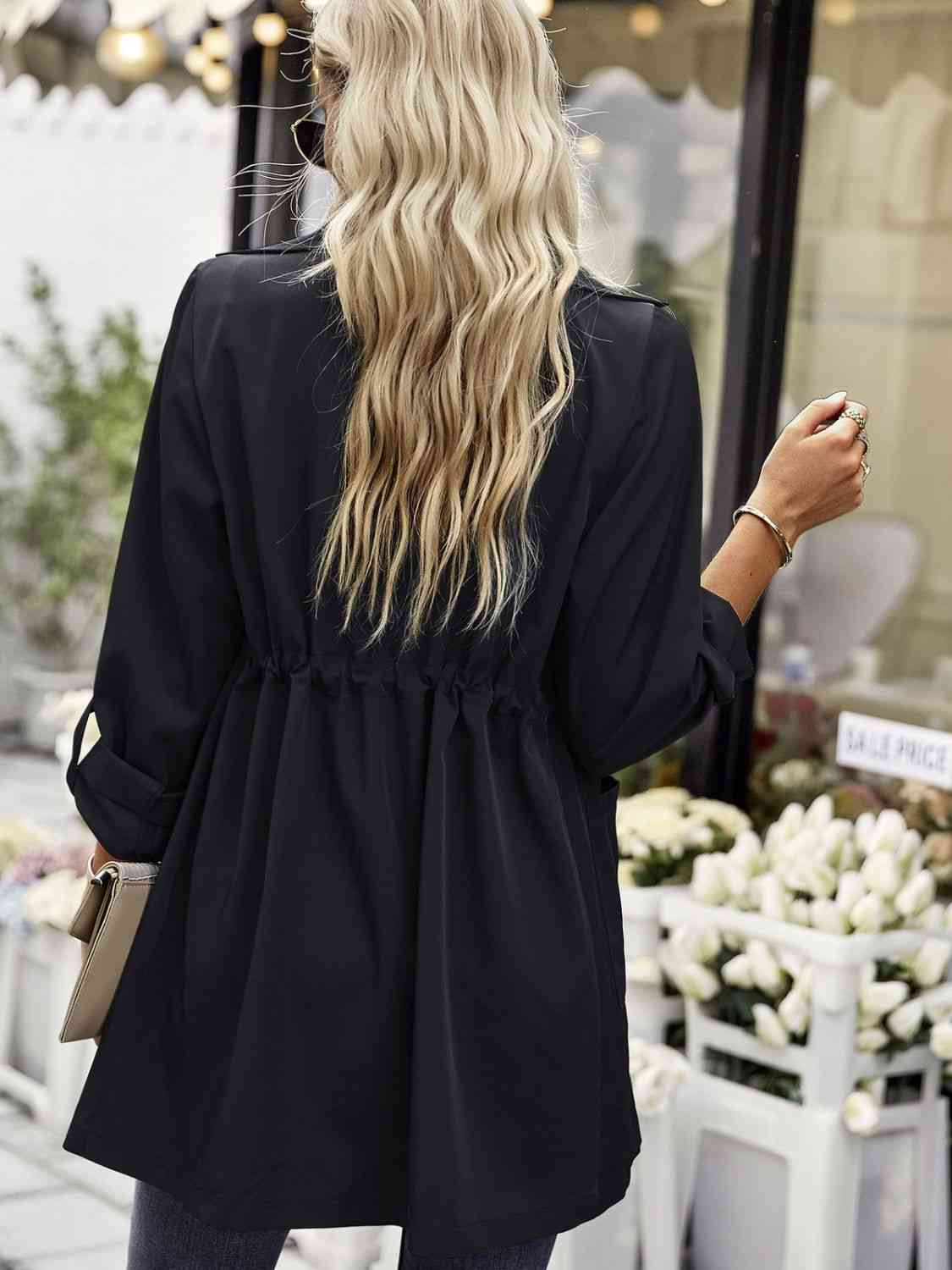 Open Front Drawstring Trench Coat with Pockets