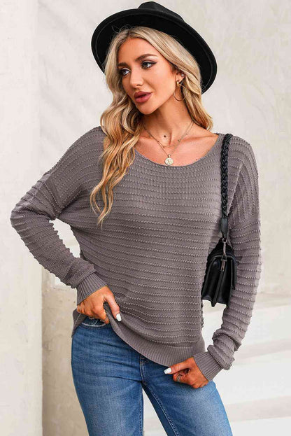 Horizontal Ribbing Round Neck Sweater