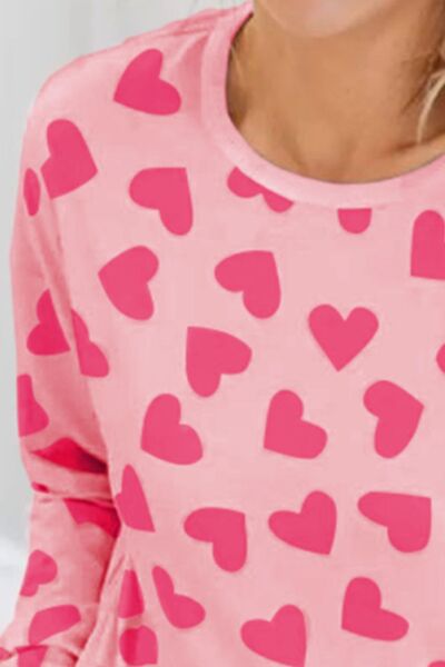 Heart Print Round Neck Top and Shorts Lounge Set