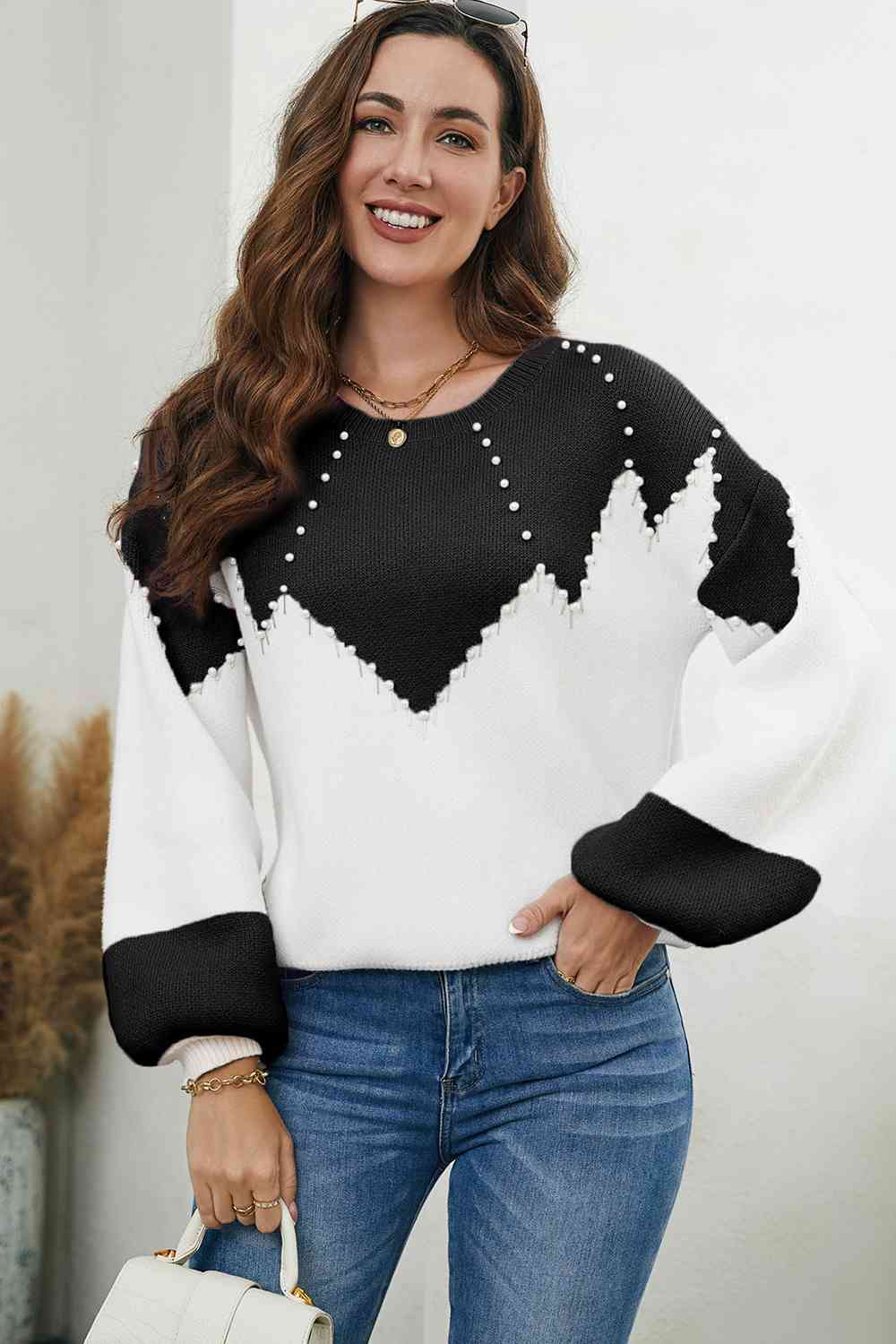 Pearl Color Block Dropped Shoulder Sweater