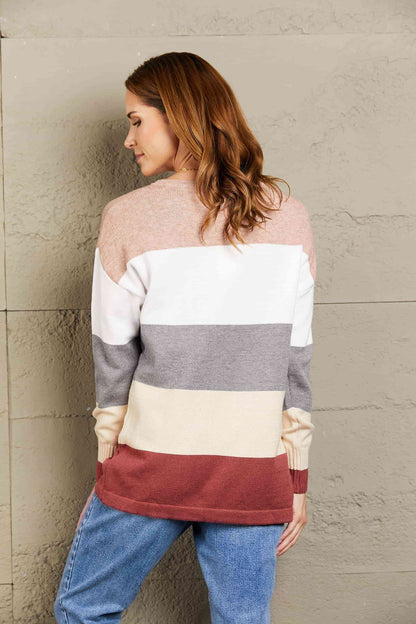 Woven Right Color Block Drop Shoulder Round Neck Sweater