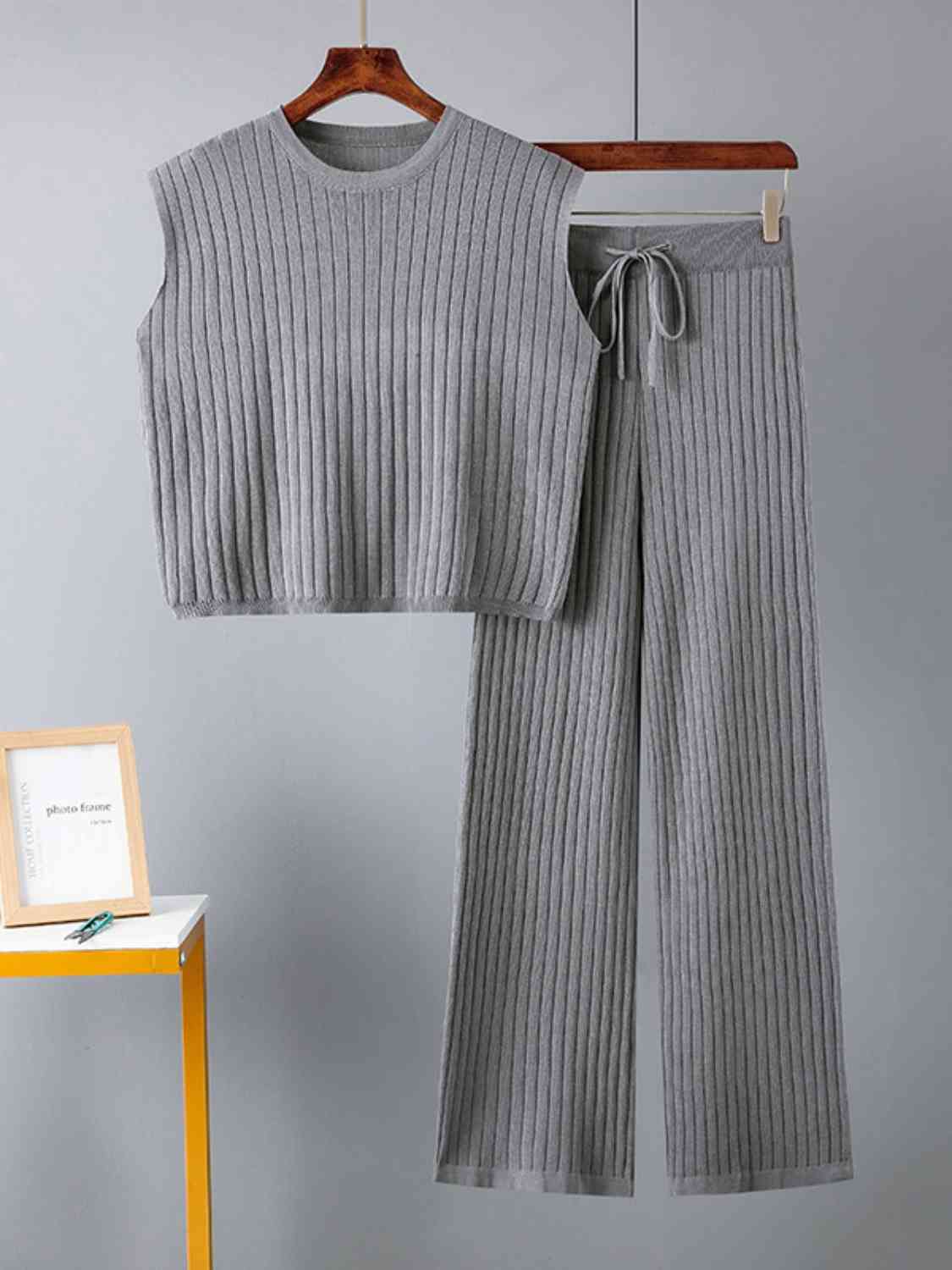 Ribbed Sweater Vest and Drawstring Knit Pants Set