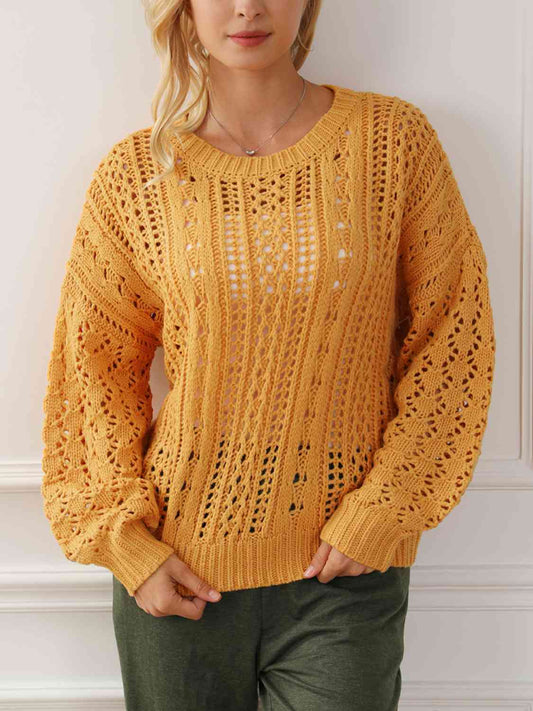 Openwork Round Neck Long Sleeve Sweater