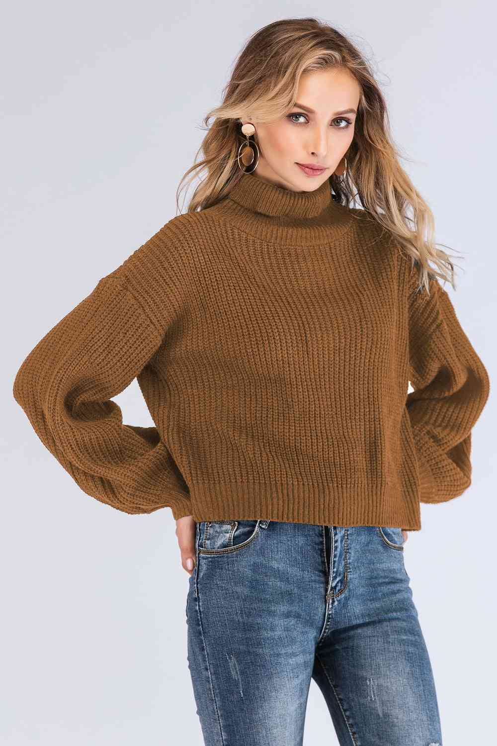 Double Take Turtleneck Rib-Knit Dropped Shoulder Sweater