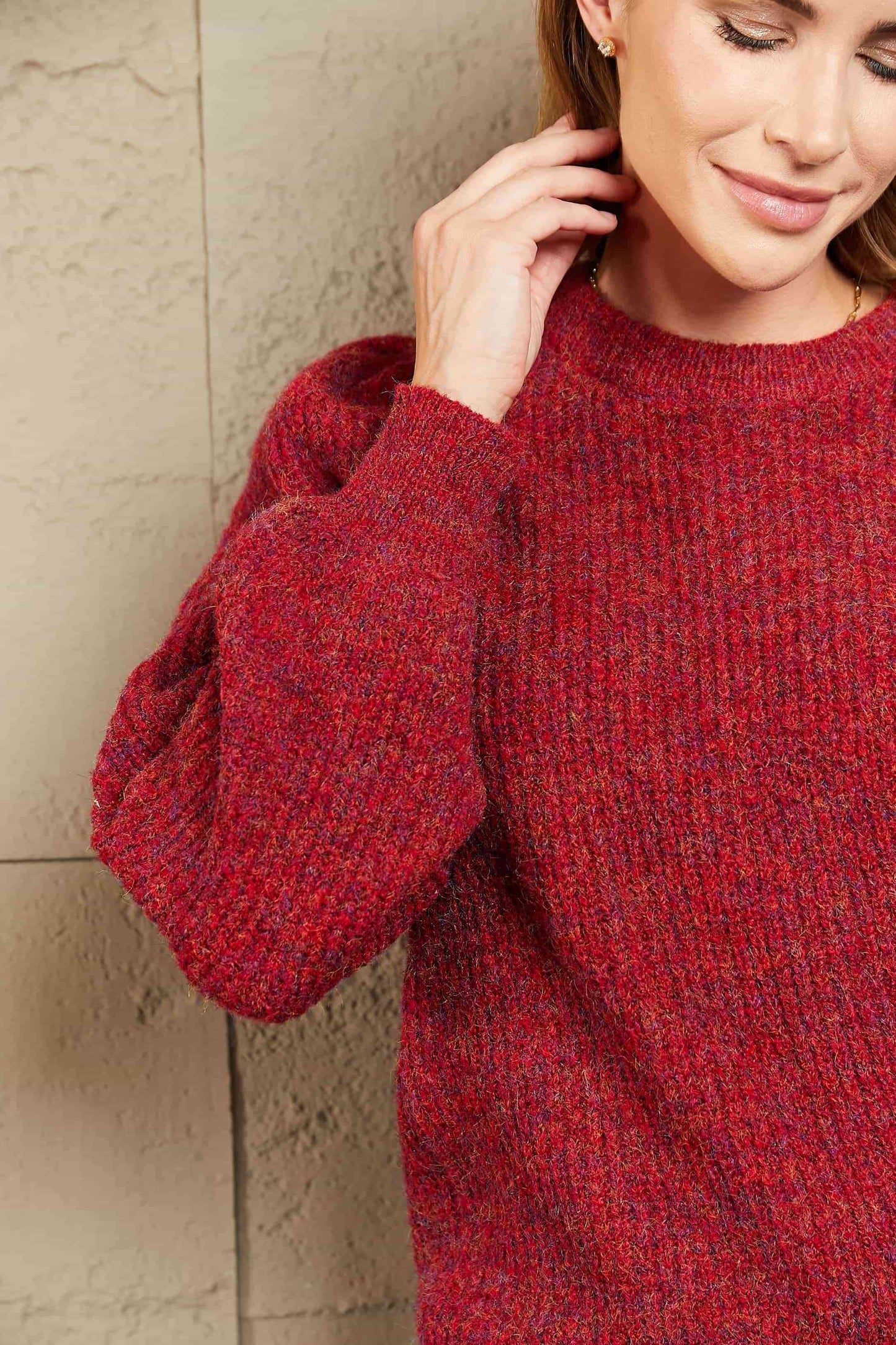 Woven Right Heathered Long Lantern Sleeve Rib-Knit Sweater