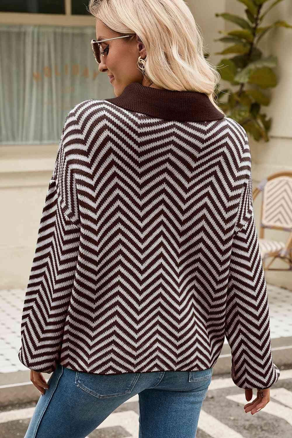 Striped Collared Neck Buttoned Pullover Sweater