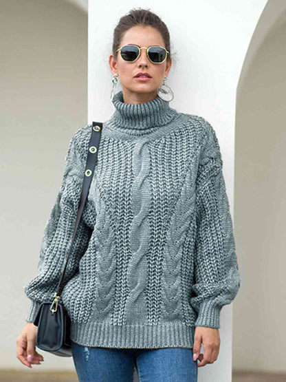 Turtleneck Cable-Knit Dropped Shoulder Sweater