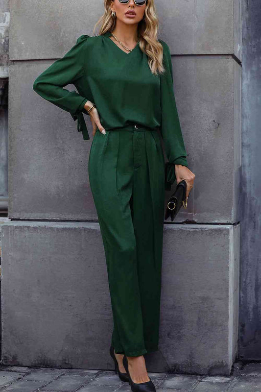 V-Neck Long Sleeve Top and Wide Leg Pants Set