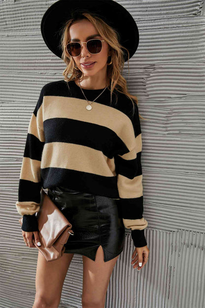 Two-Tone Round Neck Dropped Shoulder Sweater