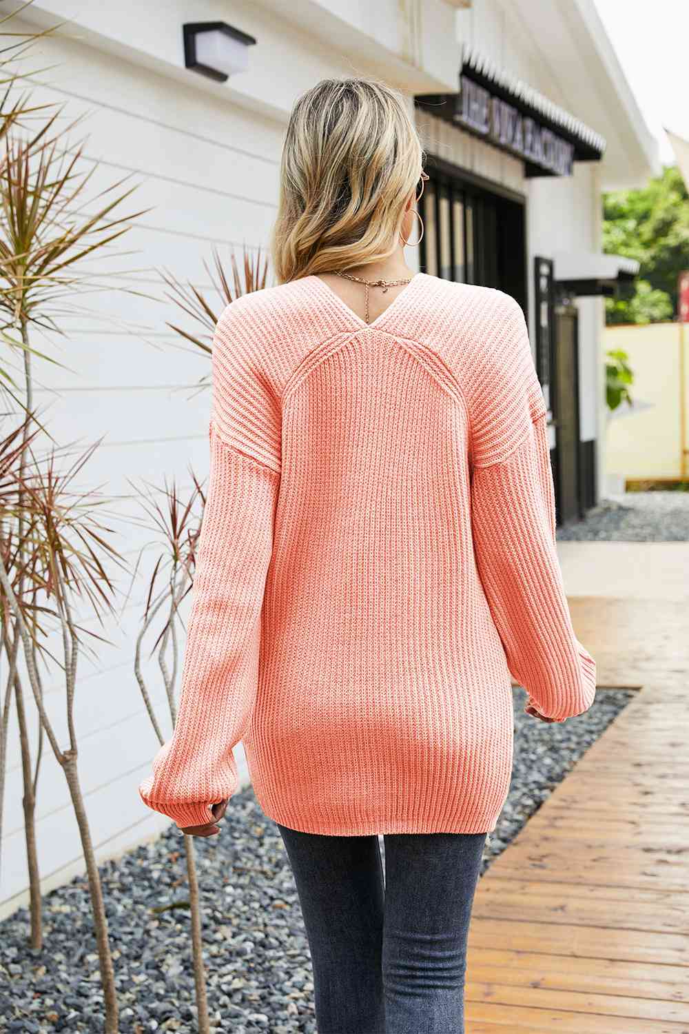 V-Neck Ribbed Dropped Shoulder Sweater