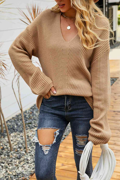 V-Neck Ribbed Dropped Shoulder Sweater