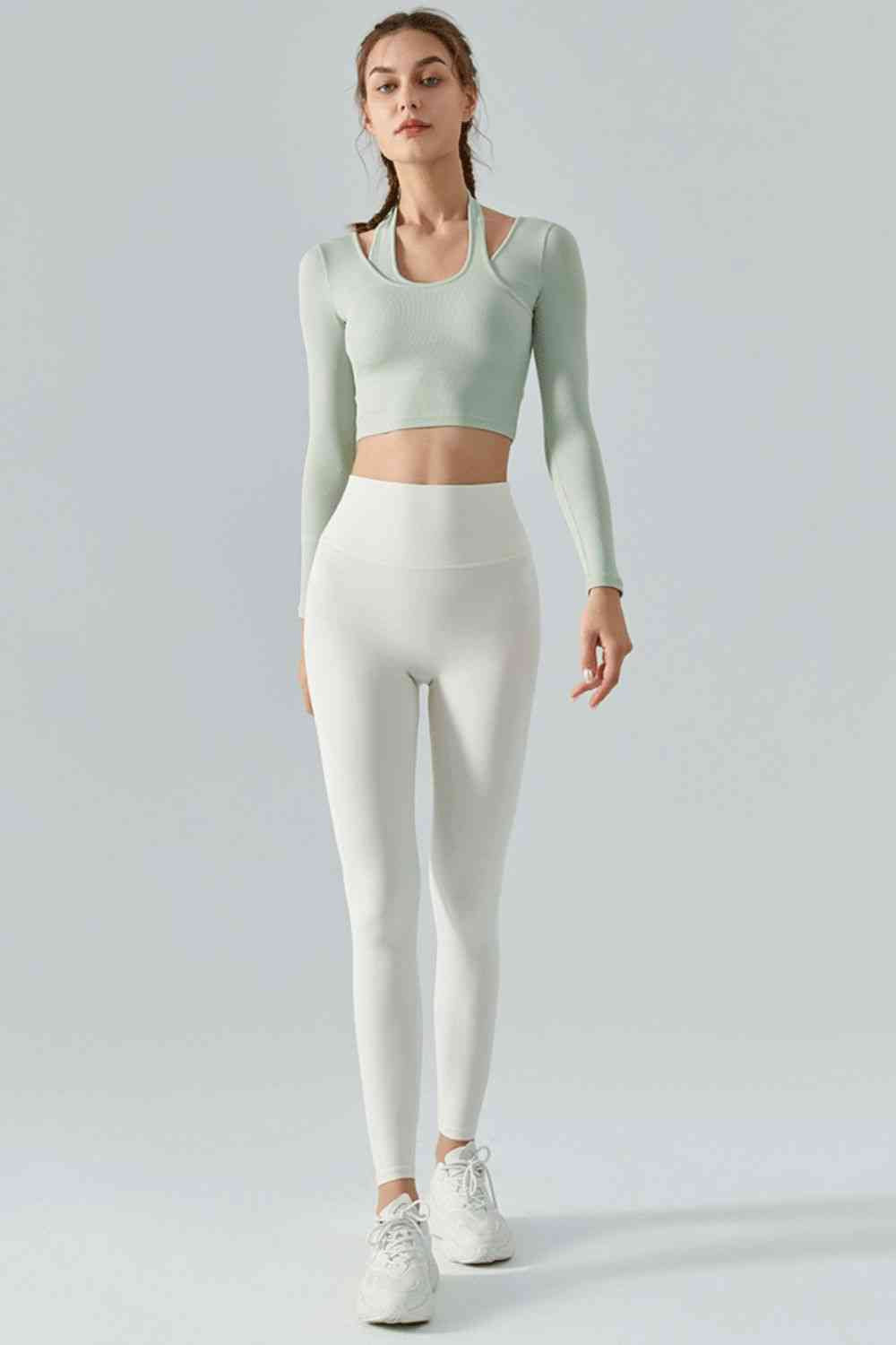 Halter Neck Long Sleeve Cropped Sports Top