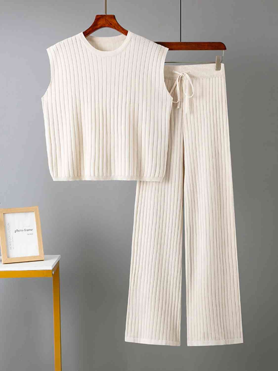 Ribbed Sweater Vest and Drawstring Knit Pants Set