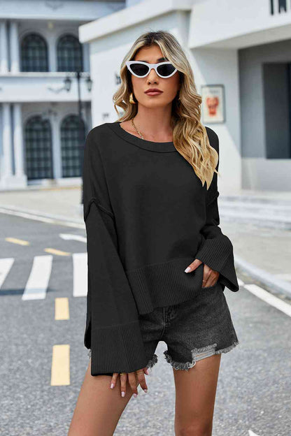 Round Neck Dropped Shoulder Slit Sweater