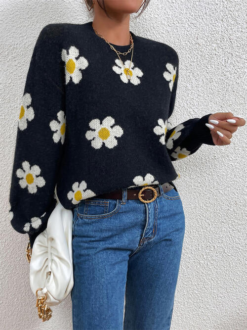 Flower Round Neck Latern Sleeve Sweater