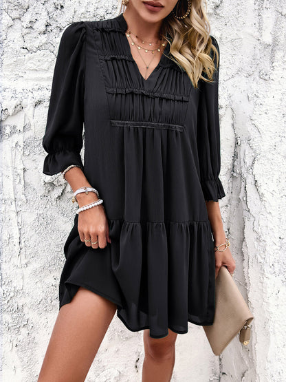 Ruched Notched Flounce Sleeve Dress