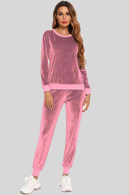 Round Neck Long Sleeve Loungewear Set with Pockets