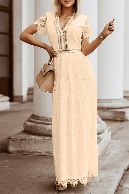 Lace Detail V-Neck Short Sleeve Dress