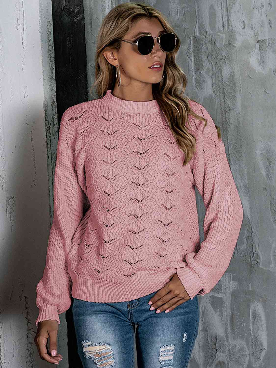 Openwork Mock Neck Long Sleeve Sweater