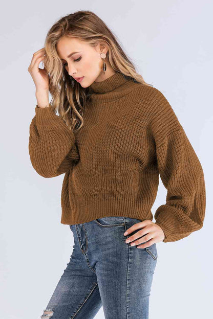 Double Take Turtleneck Rib-Knit Dropped Shoulder Sweater