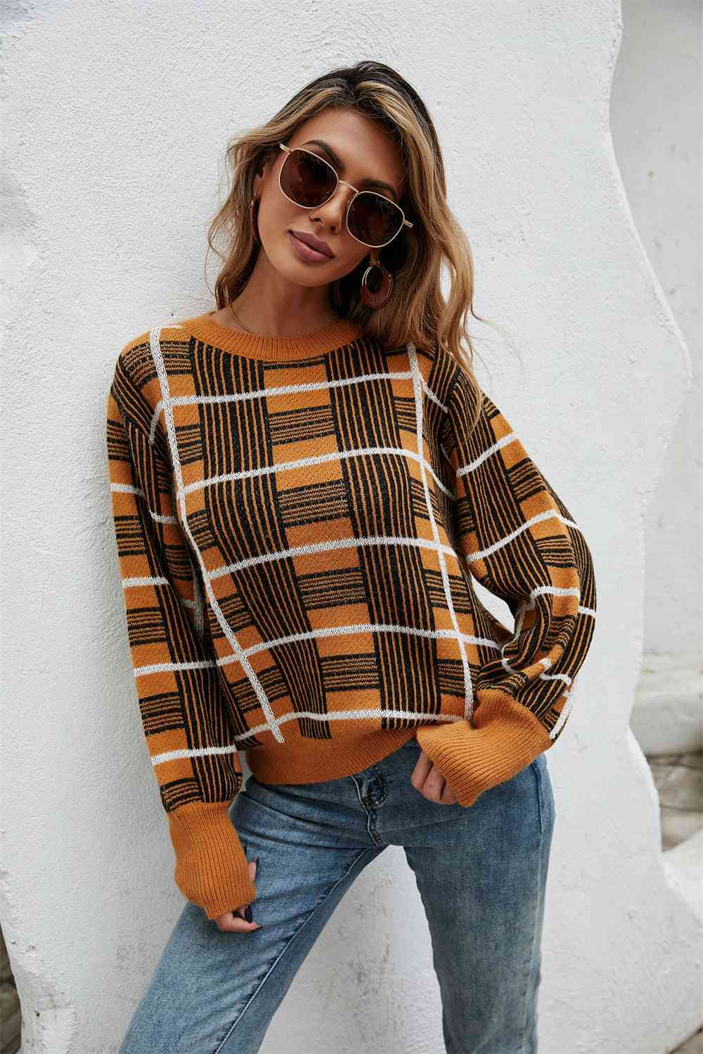 Printed Round Neck Dropped Shoulder Sweater