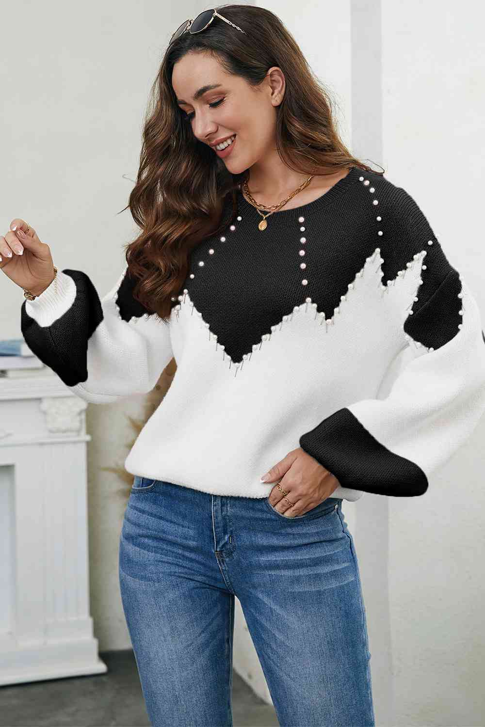 Pearl Color Block Dropped Shoulder Sweater