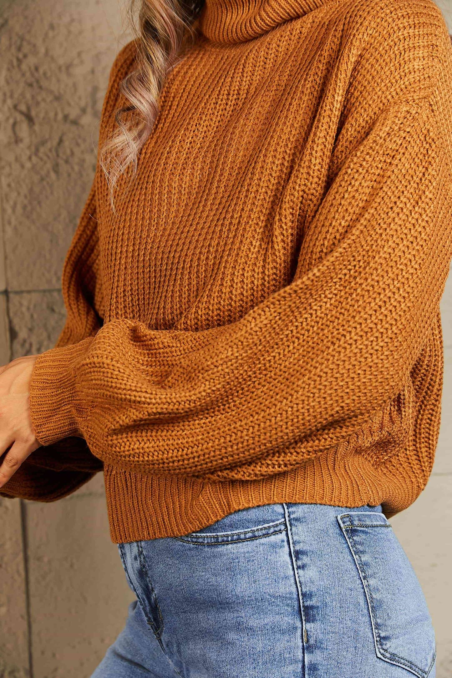 Woven Right Turtleneck Dropped Shoulder Rib-Knit Sweater