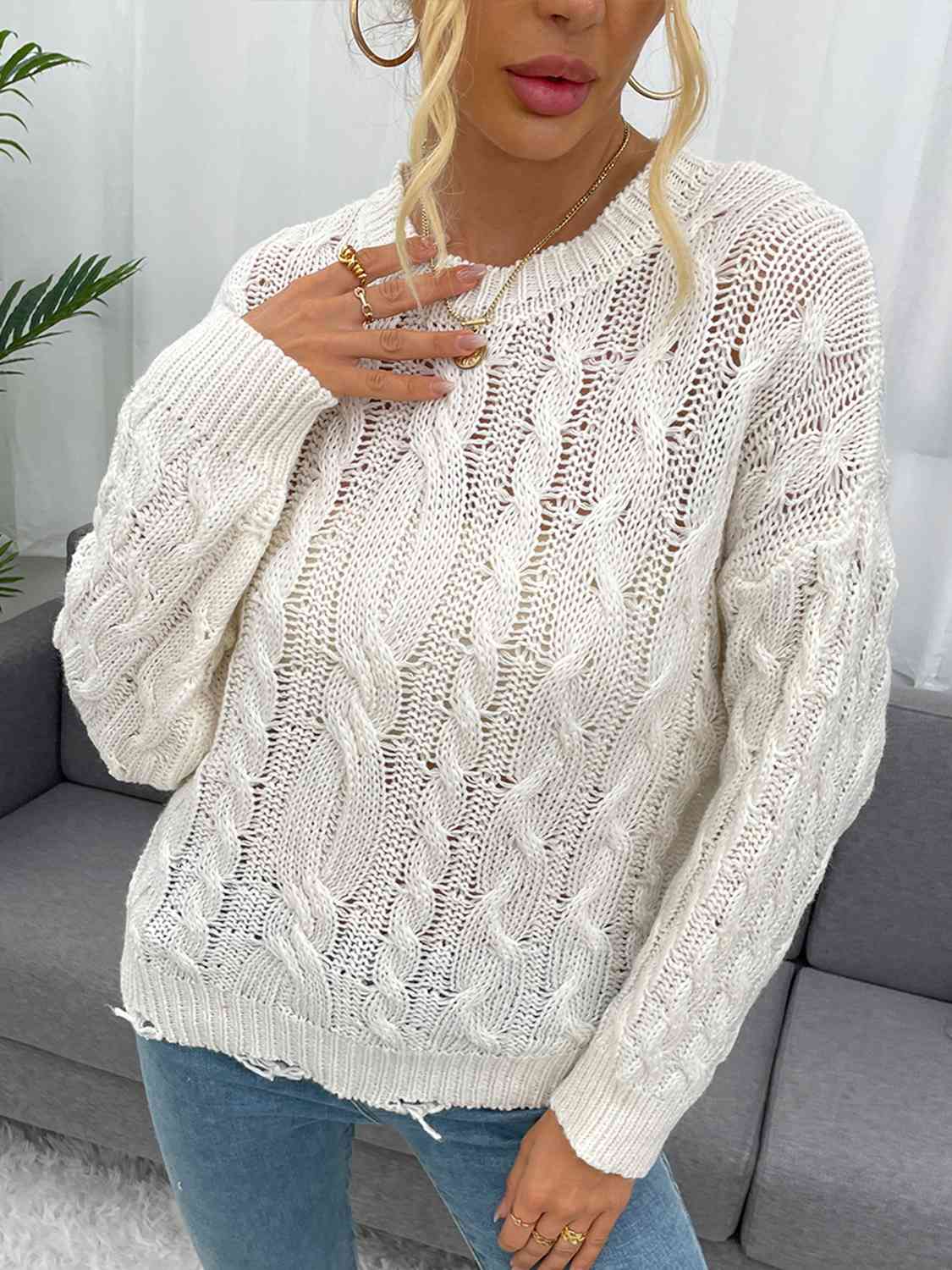 Openwork Distressed Long Sleeve Sweater