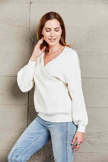 Double Take Ribbed Puff Sleeve Surplice Sweater