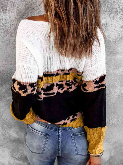 Woven Right Leopard Color Block V-Neck Rib-Knit Sweater