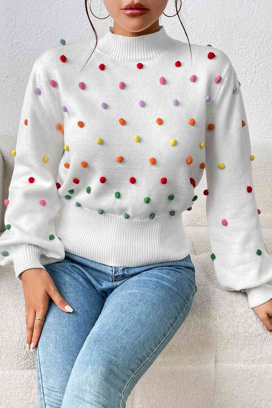 Pom-Pom Trim Mock Neck Long Sleeve Pullover Sweater