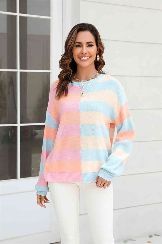 Round Neck Long Sleeve Color Block Dropped Shoulder Pullover Sweater