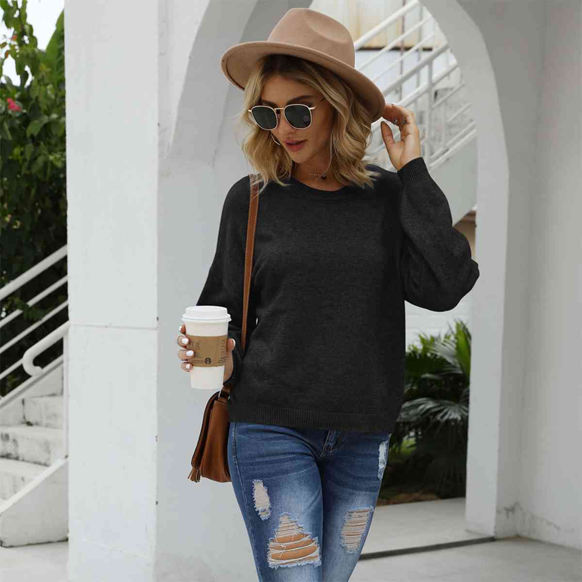 Round Neck Long Sleeve Drop Shoulder Sweater