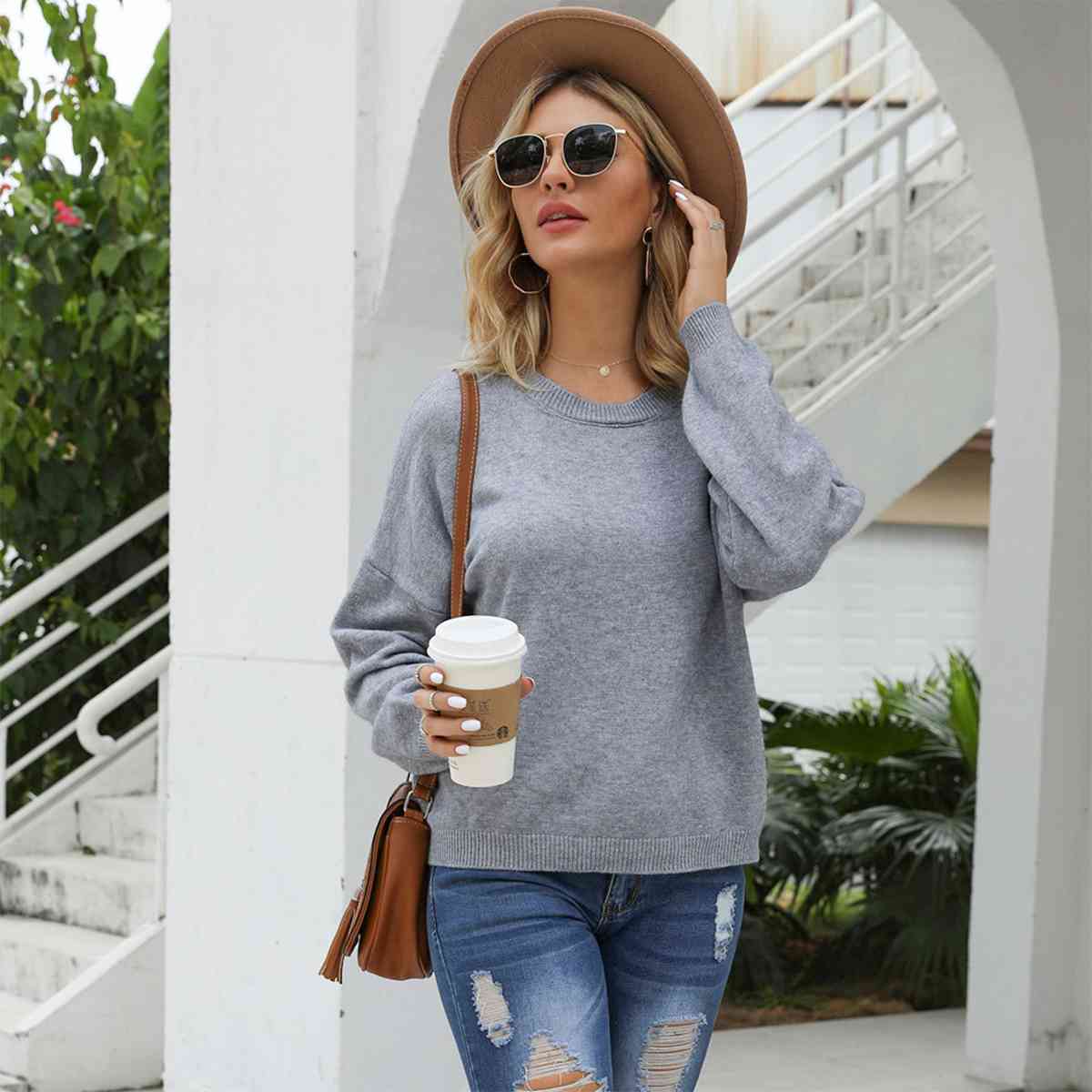 Round Neck Long Sleeve Drop Shoulder Sweater