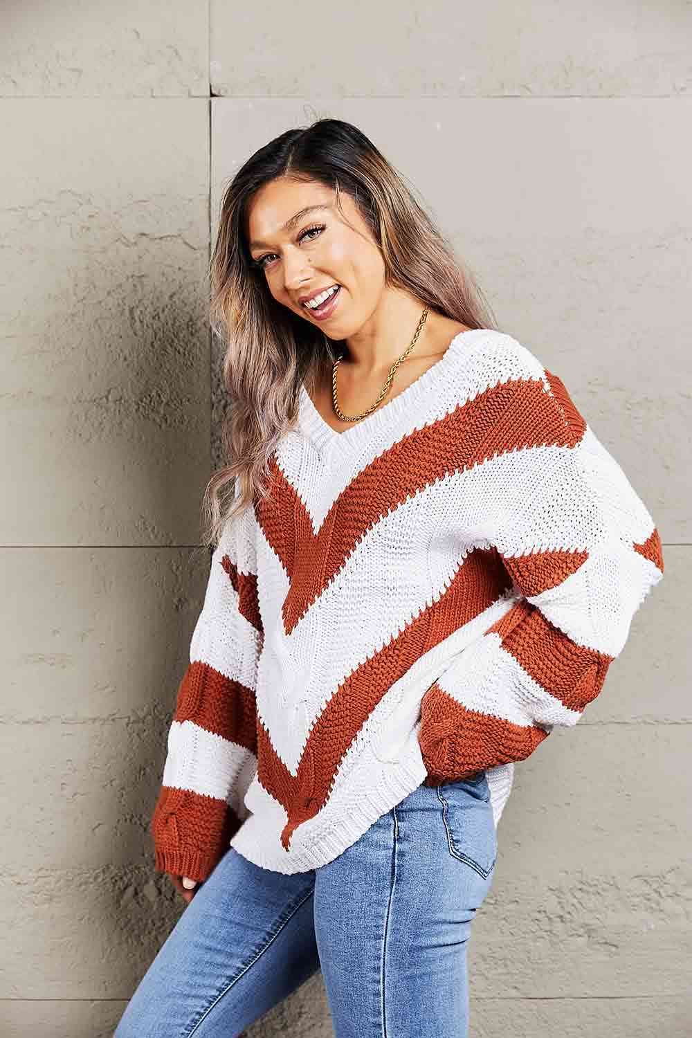 Woven Right Chevron Cable-Knit V-Neck Tunic Sweater